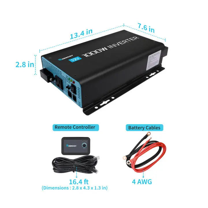 Refurbished 1000W 12V Pure Sine Wave Inverter with Power Saving Mode (New Edition) Renogy