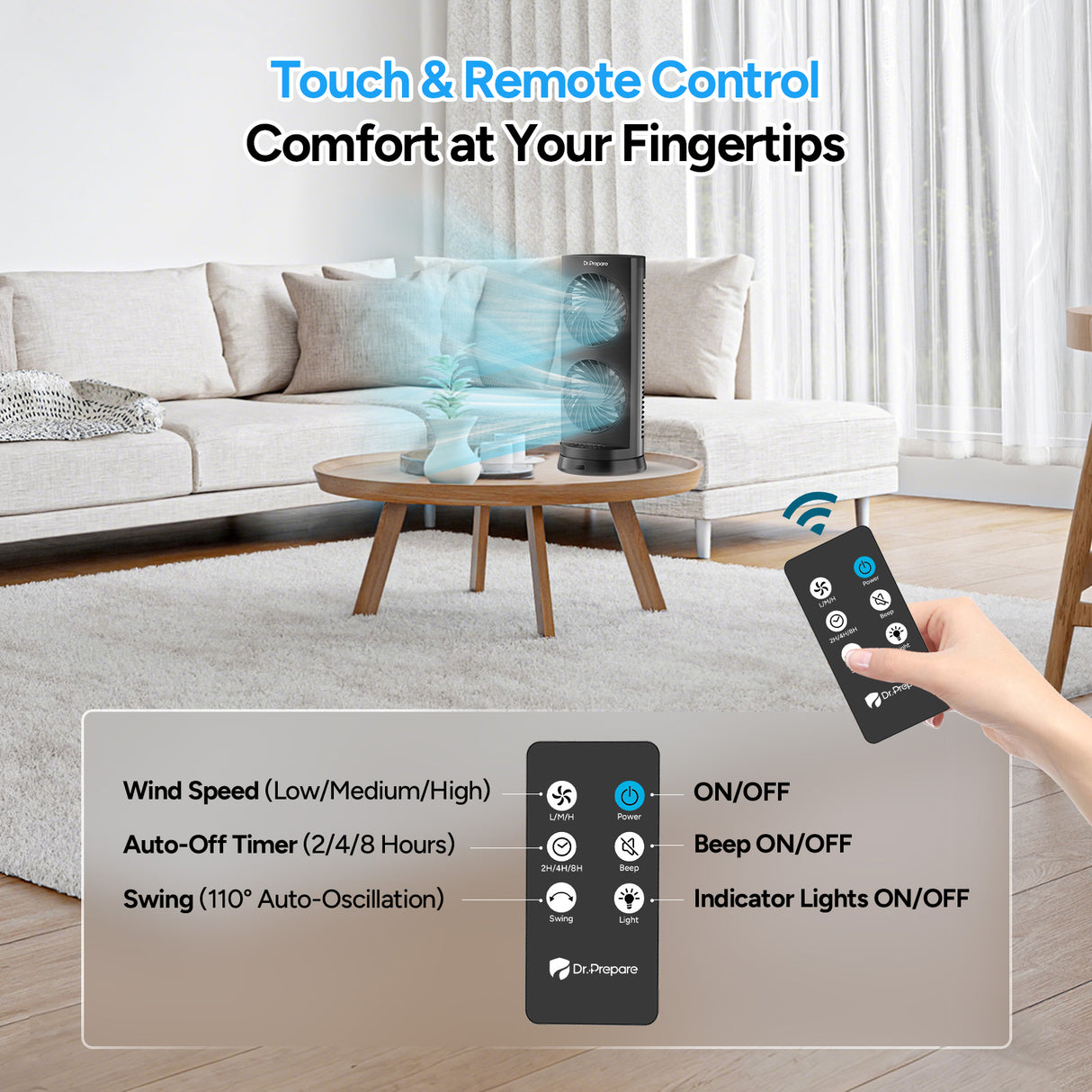 Dr.Prepare 10W DC Tower Fan with Remote