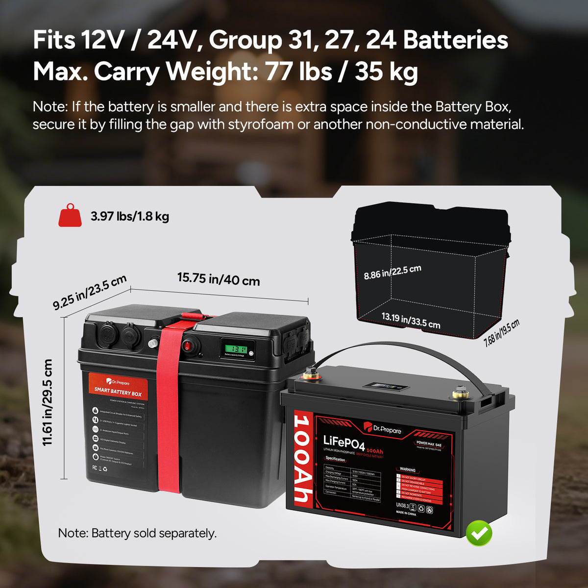 Dr.Prepare Smart Battery Box with USB, 12V/24V Cigarette Lighter, and Anderson Ports
