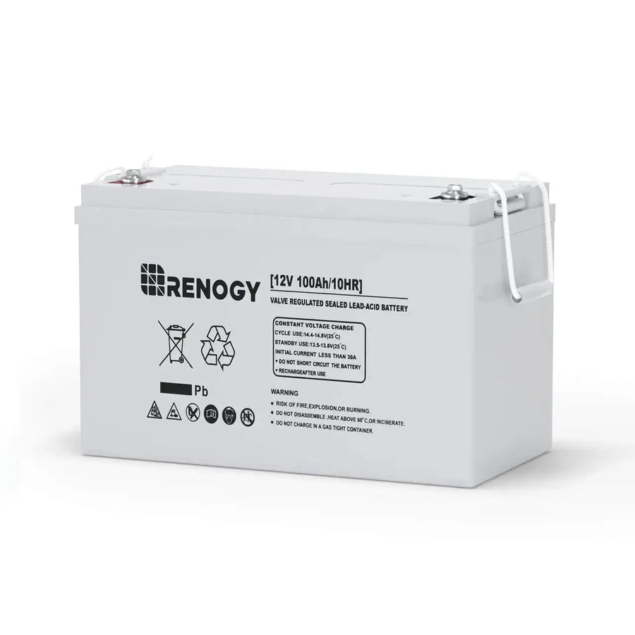 Renogy Deep Cycle AGM 12V 100Ah battery, a grey-white rectangular sealed lead-acid case with two threaded post terminals on top, rope carry handles, the front printed 'RENOGY 12V 100Ah/10HR Valve Regulated Sealed Lead-Acid Battery' with charge-voltage and safety-warning text.