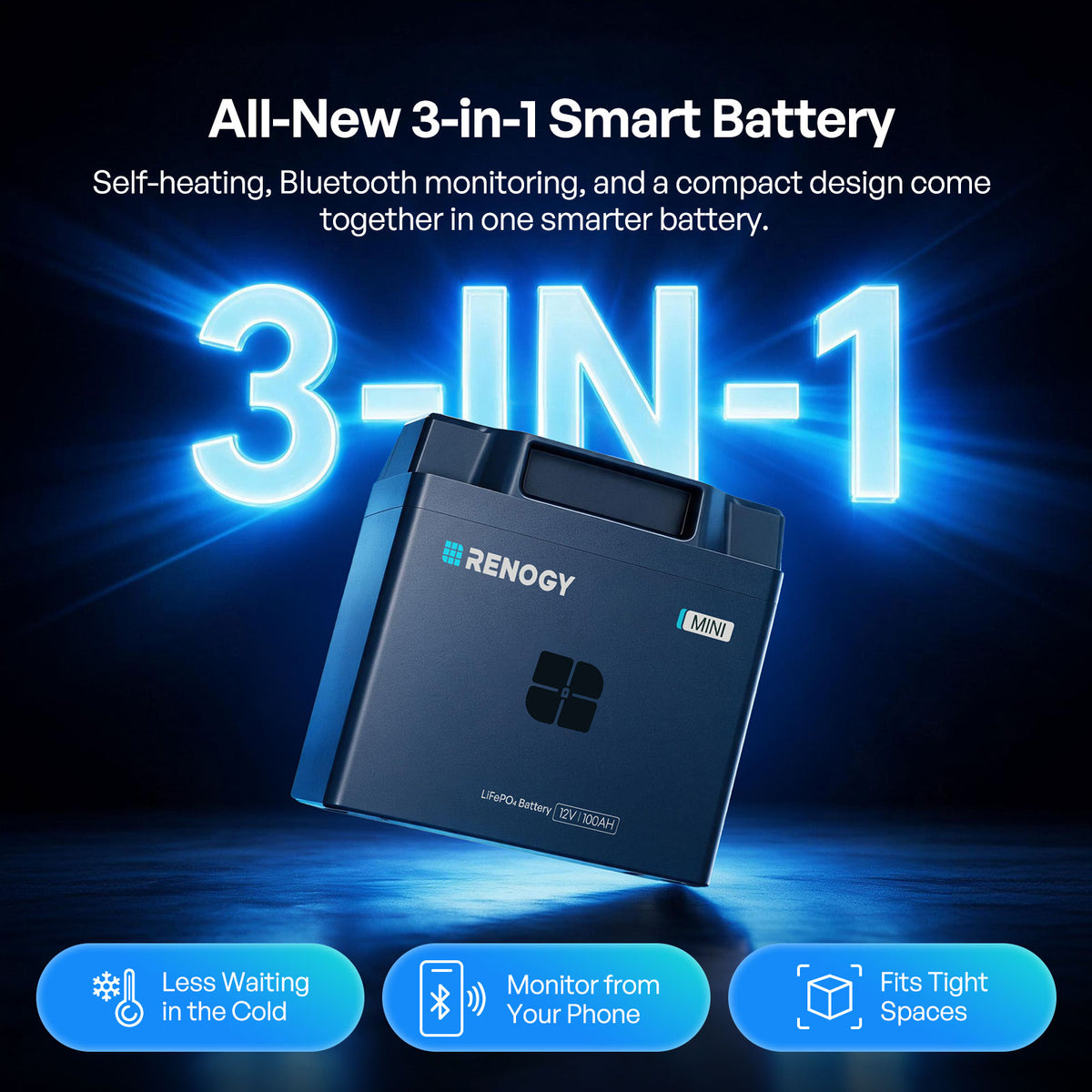 Reserve Mini Smart 12V 100Ah LiFePO4 Battery with Self Heating & Bluetooth