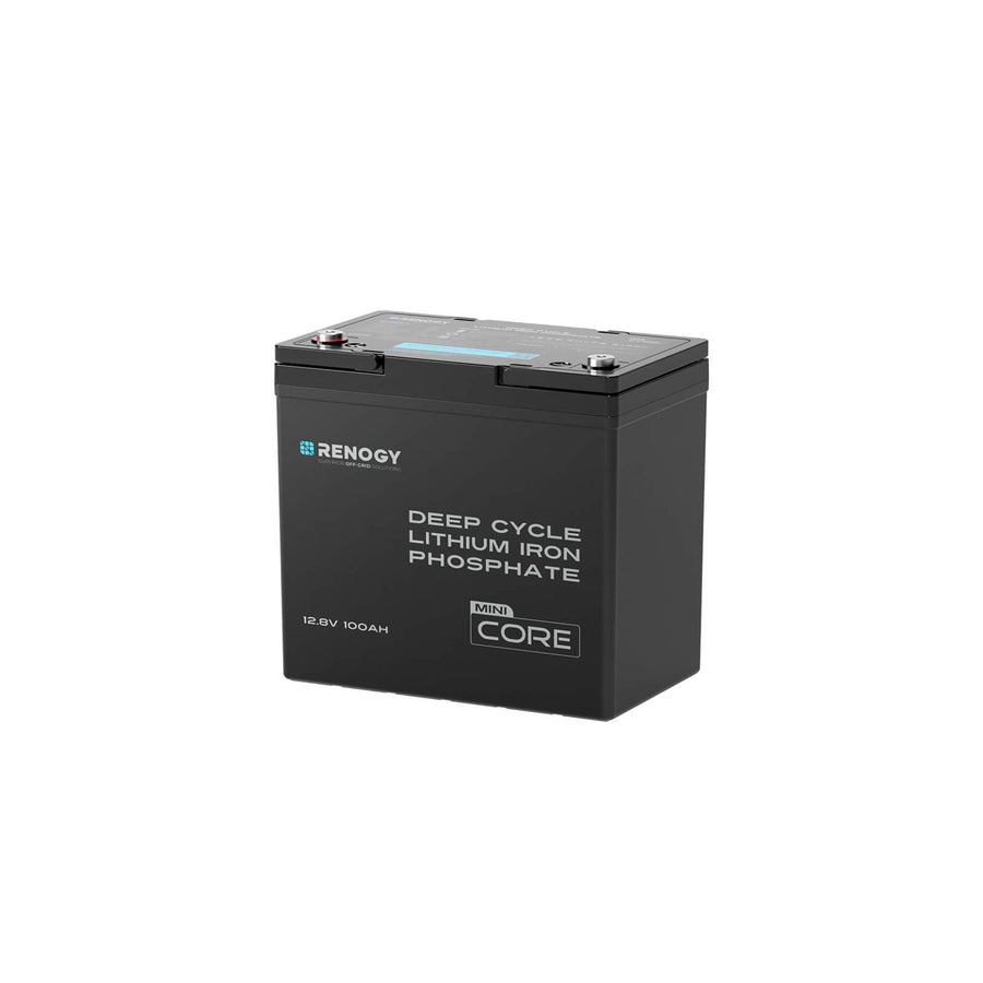 Renogy Core Mini 12V 100Ah LiFePO4 battery, a black rectangular case with two M8 threaded terminals and a status label on the top face, the front face printed 'Deep Cycle Lithium Iron Phosphate', 'Mini Core' and '12.8V 100Ah'.