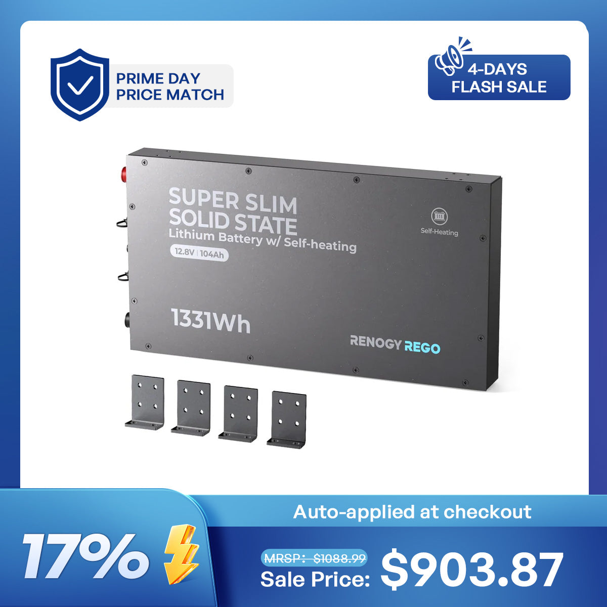 12V 104Ah Super Slim Lithium Iron Phosphate Battery with Self-Heating | Rego Series
