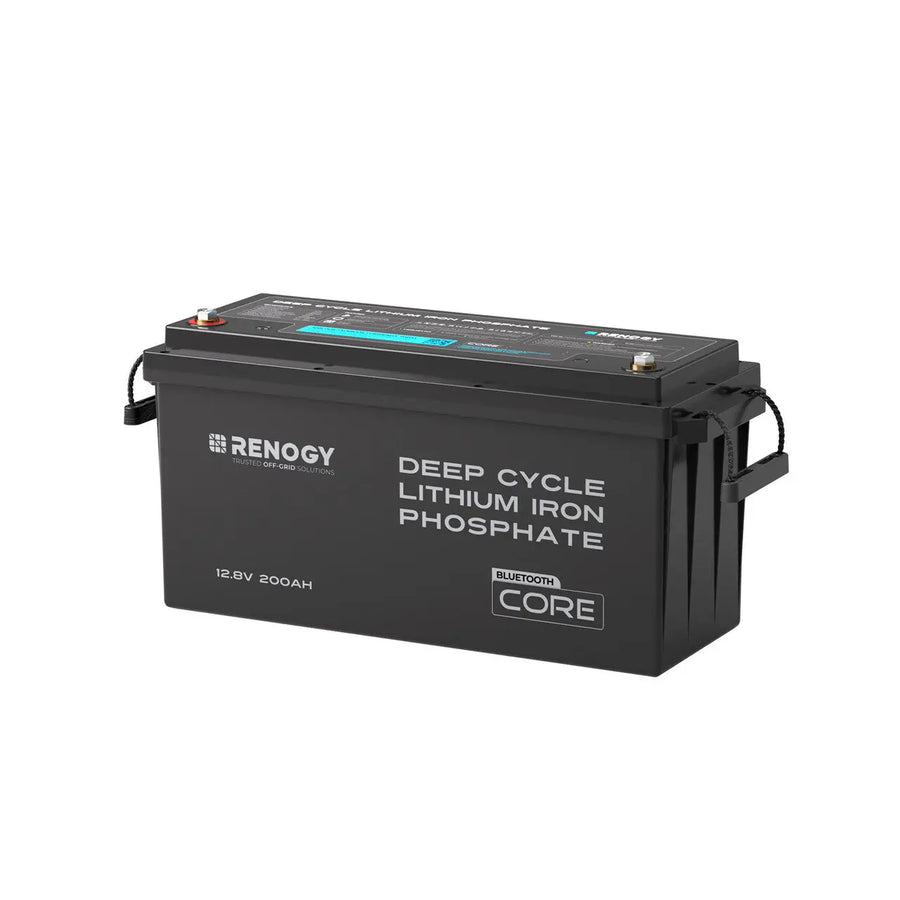Renogy Core 12V 200Ah LiFePO4 battery, a large black rectangular case with two threaded terminals and a status readout on the top face, rope carry handles at each end, the front printed 'Deep Cycle Lithium Iron Phosphate', 'Bluetooth Core' and '12.8V 200Ah'.