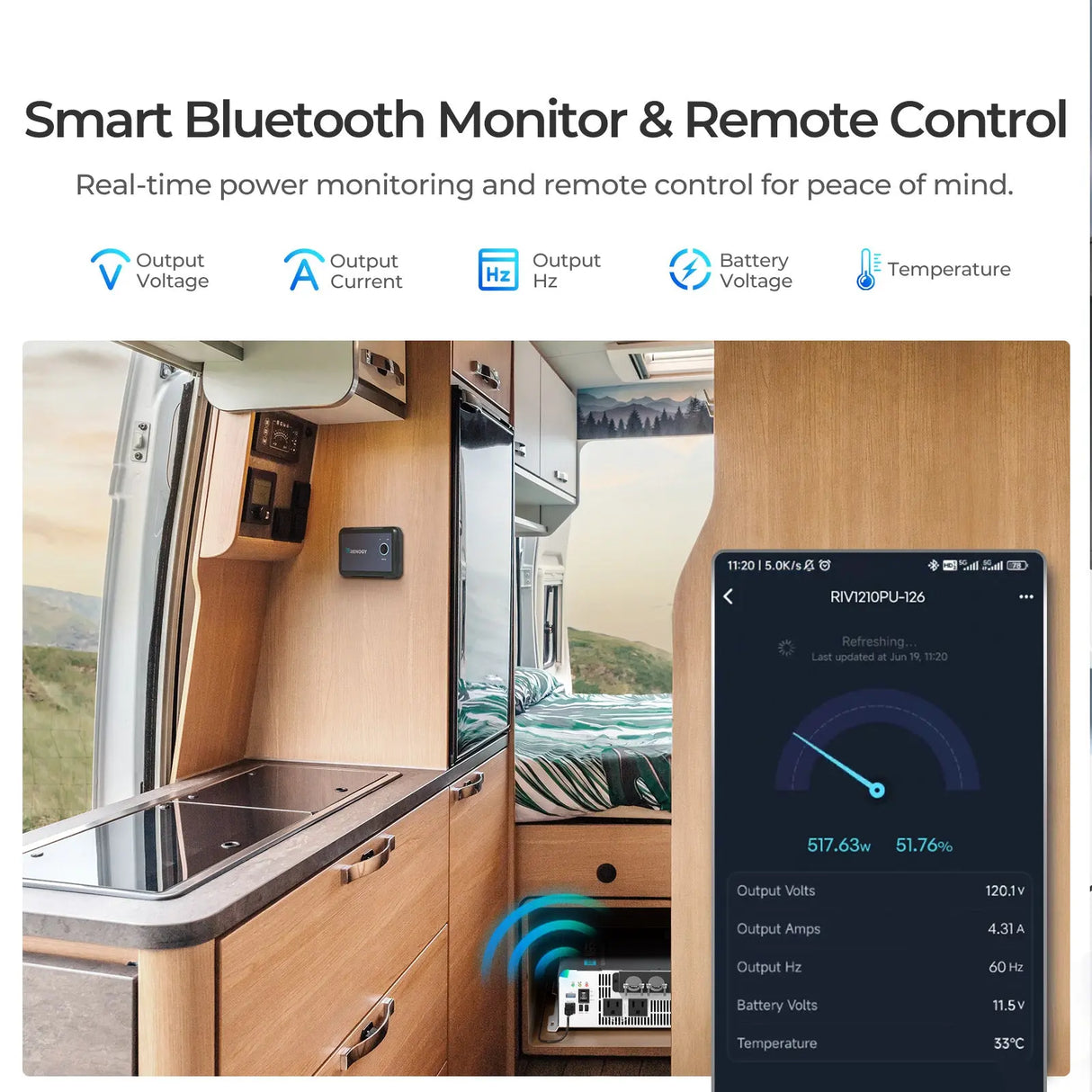 1000W 12V Pure Sine Wave Inverter with UPS Transfer Switch and Built-in Bluetooth Renogy
