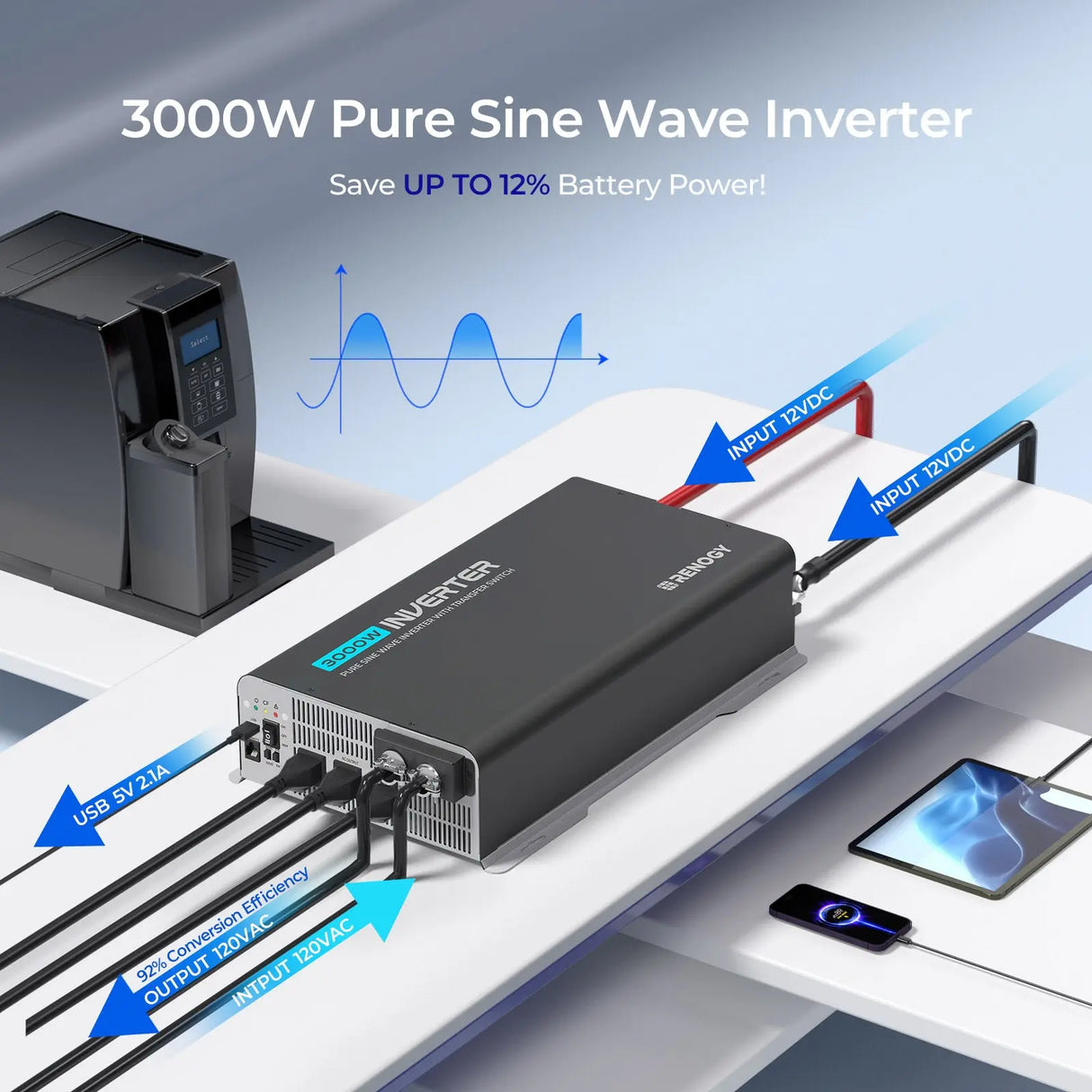 PUH 12V 3000W/2000W/1000W Pure Sine Wave Inverter with UPS Transfer Switch and Built-in Bluetooth Renogy