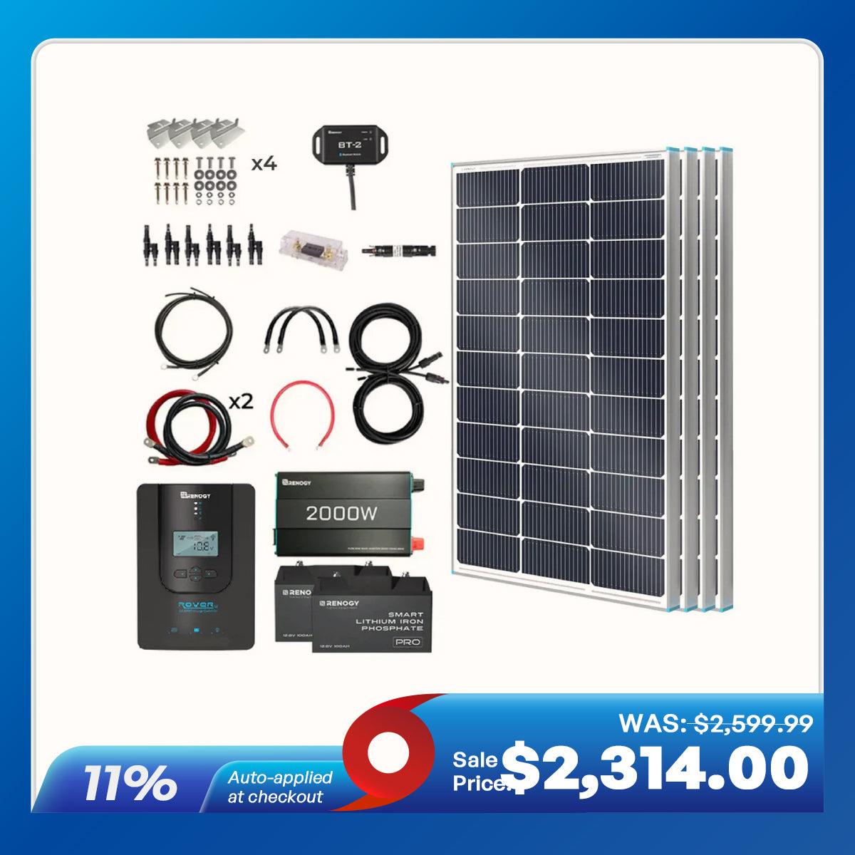 400W 12V Complete Solar Panel Kit with 2.4kWh Batteries
