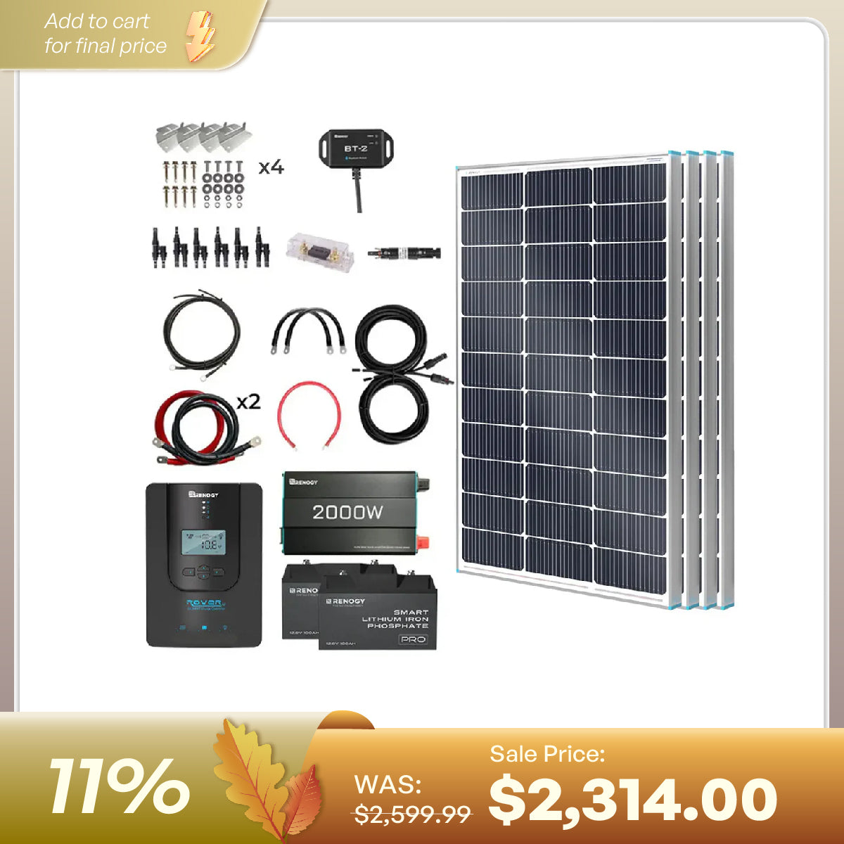 400W 12V Complete Solar Panel Kit with 2.4kWh Batteries