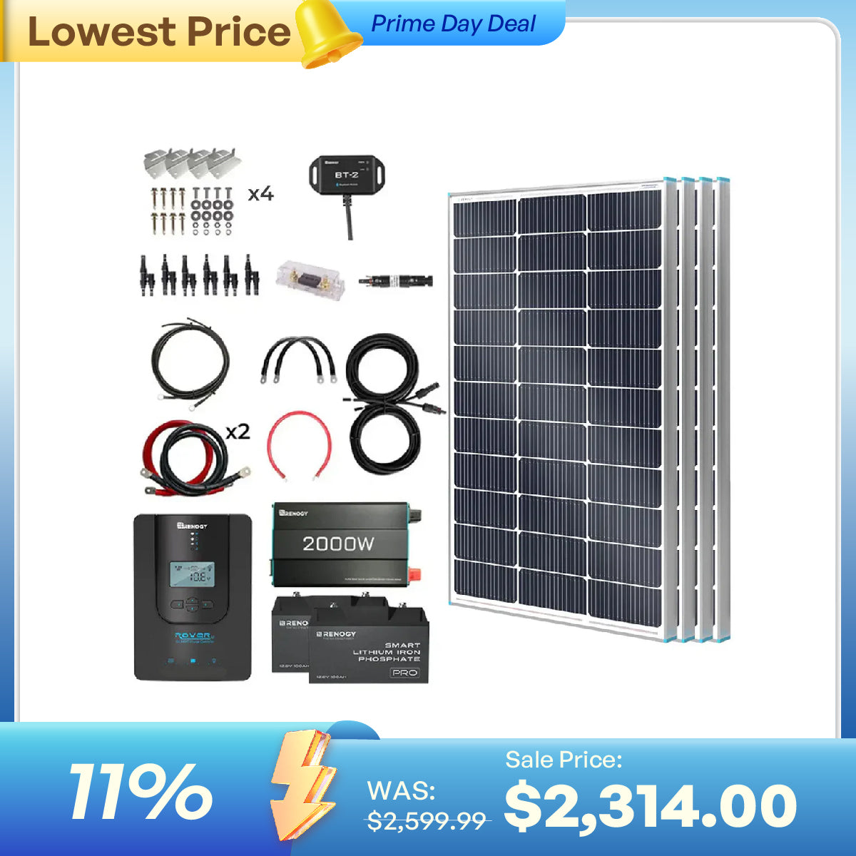 400W 12V Complete Solar Panel Kit with 2.4kWh Batteries