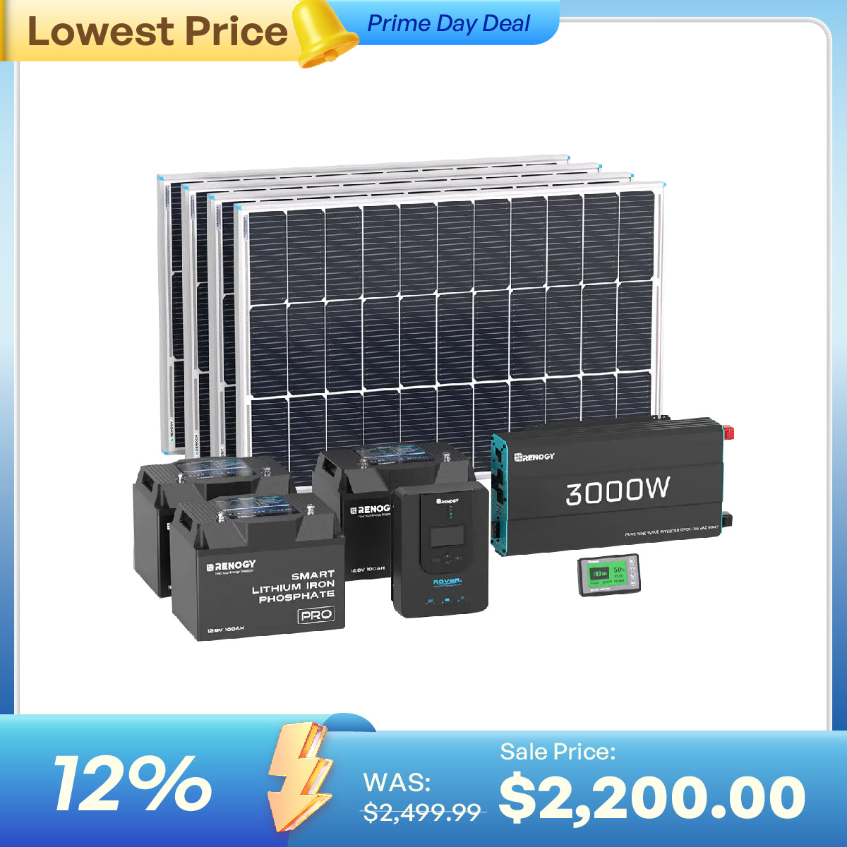 400W 12V Complete Solar Panel Kit with 3.6kWh Battery