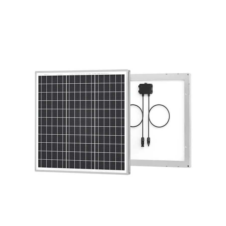 Renogy 50W 12V monocrystalline solar panel shown front and back: a silver anodized aluminium frame around a grid of monocrystalline cells on the front, and on the back a black junction box with two coiled output leads ending in solar connectors.