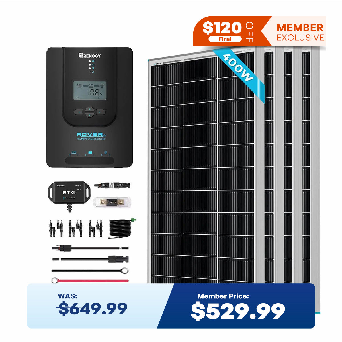 New 400 Watt 12 Volt Solar Premium Kit RNG-KIT-PREMIUM400D-RVR40